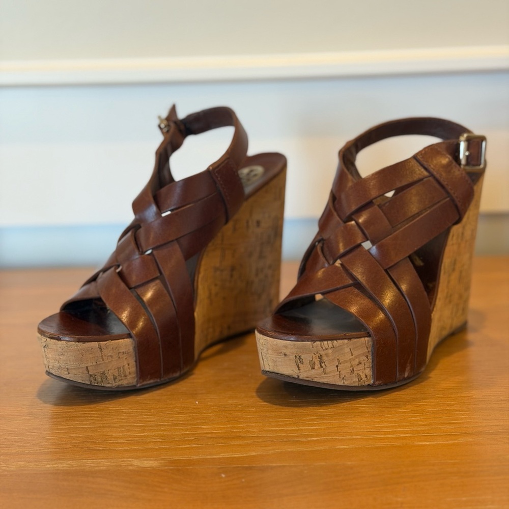 Tory Burch Ace Brown Leather and Cork Heels With Gold Hardware